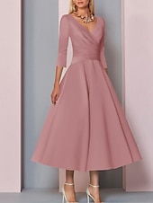 voordelige Vloerlengte-Strand Bruiloft A-Lijn Gouden Jurken Moeder van de Bruid Jurk Bruiloft Gast Elegante Vintage Plus Size V Hals Thee Lengte Satin 3/4 Lengte Mouw met Plissé dress to impress 2025 gratis op maat gemaakt