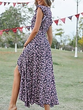 voordelige Casual bloemenjurken-Dames Maxi-jurk Casual jurk Boho chique jurken Bohemen leuke Style Stijlvol Flutter mouw Vakantie Dagelijks Strand Ruim Passend Grafisch Korte mouw V-hals Groen Donkerblauw Zomer Lente