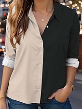 preiswerte Damen Einfache Oberteile-Damen Hemd Farbblock Lässig Langarm Hemdkragen Normale Oberteile Arbeit Täglich Knöpfe Druck Khaki Frühling Herbst Winter