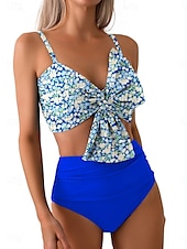 billiga Bikiniset-Dam Badkläder Bikini 2 st Kalsonger Baddräkt Öppen rygg Smal Hög midja Semester Standkläder Blommig V-hals Ärmlös Baddräkter