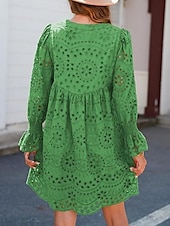 economico Abiti floreali-Per donna Abito casual Mini abito Cotone Con ricami Da mare Spiaggia Informale A V Manica lunga Manica a sbuffo Bianco Verde Colore