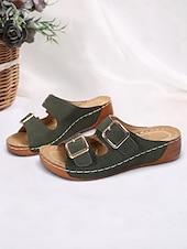 cheap Vacation Sandals-Women&#039;s Dark Blue Double Buckle Slip-On Sandals with Cushioned Sole, Casual Summer Shoes for Beach and Everyday Wear