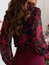 tanie Eleganckie bluzki-Damskie Koszula Bluzka Guziki Nadruk Kwiaty Codzienny Długi rękaw Golf Zwykłe topy Codzienny Czarny Czerwony Szary Wiosna i jesień