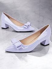 levne Block Heels-dámské elegantní levandulové lodičky z lakované umělé kůže – špicovité podpatky s mašličkovým designem, ideální do kanceláře, na večírky a formální příležitosti