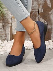 お買い得  レディースフラットシューズ-クッションソールを備えた女性用の柔らかいネイビーブルーのスエードスリッポンフラットシューズ | 普段使いに最適