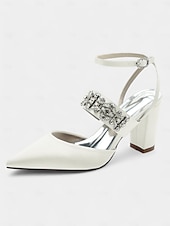 cheap Formal-Women&#039;s Black Satin Pointed Toe Heels – Rhinestone Embellished Ankle Strap Chunky Heels for Evening Parties and Weddings