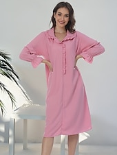 cheap Women&#039;s Nightgowns &amp; Sleepshirts-Women&#039;s Pajamas Loungewear Nightgown Pure Color Simple Casual Comfort Home Gift Daily Comfort Gift Lapel Long Sleeve Dress Ruffle Summer Spring