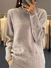 cheap Solid Colors-Women&#039;s Sweater Casual Soft Pure Color Ribbed Crew Neck Knitted Long Sleeve Regular Tops Knit Outdoor Daily Weekend Pink Blue Fall Winter