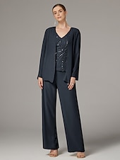 abordables Costumes-pantalons pour maman-Combination  Pantalon Mère de la Mariée  Ensemble de 3 Pièces de Mariage à la Plage Élégante Luxueuse Col en V Longueur de Sol Chiffon Dentelle Sans Manches Enveloppement Inclus avec Broderies Sequin