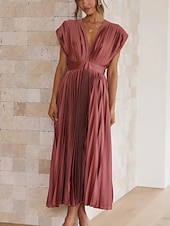 ieftine Rochii Party-Pentru femei Rochie casual Rochie Maxi Zdrobit Casual În V Fără manșon Negru Șampaniu Fucsia Culoare