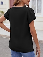 billige Kvinne Enkle Topper-Dame Skjorte Bluse Helfarge Grunnleggende Fritid Kortermet V-hals Vanlige topper Daglig Perler Svart Himmelblå Fuksia Sommer Vår
