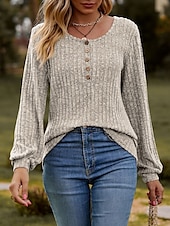 billige Kvinne Enkle Topper-Dame T skjorte عادي Mote Moderne Fritid Langermet Crew-hals Vanlige topper Daglig Helg Knapper Rosa Blå Kakifarget Sommer Vår