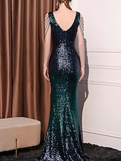 abordables Semi-formel / Cocktail-Robe de Prom Sirène  Trompette Sequin Robe de Soirée Ombre Cocktail Formelle Longue au Sol Sans Manches Col en V avec Perles Sequin