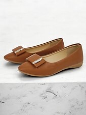 cheap Women&#039;s Flats-Women&#039;s Brown Faux Leather Pointed-Toe Flats with Bow and Rhinestone Detailing - Casual and Office Wear Shoes