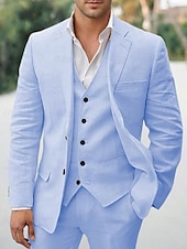 baratos Ternos casuais-Trajes de Casamento Masculinos Linho Branco Azul Céu Verão Cores Sólidas Ajuste Sob Medida 3 Peças Com Duas Fileiras de Botões