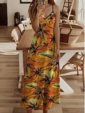 cheap Hawaiian Dress-Women&#039;s Maxi Dress Sundress A Line Dress Floral Dress Flowy Vacation Casual Beach Regular Fit Bohemian Boho Sleeveless V Neck Orange Summer Spring