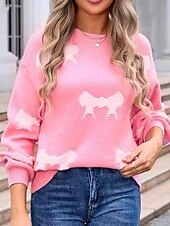 abordables Motifs graphiques et détails-pull rose de la Saint-Valentin pour femme pull élégant bloc de couleurs col rond tricoté à manches longues hauts réguliers tricot mode streetwear extérieur quotidien week-end rose rouge automne hiver