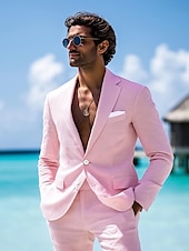 cheap Beach Suits-Men&#039;s Beach Wedding Linen Suits Pink Solid Colored Tailored Fit 2 Piece Single Breasted Two-buttons