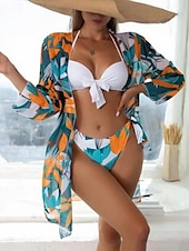 billiga Bikiniset i 3 delar-Dam Badkläder Bikini Tre delar Kaxig Baddräkt Öppen rygg Smal Semester Standkläder Löv Halterneck Ärmlös Långärmad Baddräkter