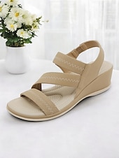 クッションソール付きレディースグリーン伸縮性ストラップウェッジサンダル - カジュアルウェアや旅行に最適な快適な夏用シューズ お買い得  快適なサンダル-クッションソール付きレディースグリーン伸縮性ストラップウェッジサンダル - カジュアルウェアや旅行に最適な快適な夏用シューズ