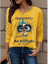 cheap Humor&amp;Quotes tee-Women&#039;s T Shirt Animal Letter Fashion Modern Casual Long Sleeve Crew Neck Regular Tops Daily Weekend Print Black White Yellow Red Sky Blue Fall Winter
