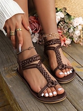 billiga Semester Sandaler-bruna flätade platta sandaler med t-rem för kvinnor med elastiskt ankelband - sommarskor i boho-stil för strand- och fritidskläder