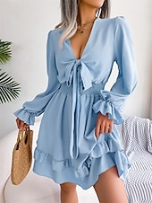 abordables Vestidos casuales blancos-Mujer Mini vestido Vestido informal Vestido de una línea Elegante Estilo lindo Casual Vacaciones Fiesta Diario Ajuste regular Plano Manga Larga Escote en Pico Blanco Rosa Azul Piscina Primavera Otoño