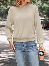 cheap Plain Tops-Women&#039;s Shirt Blouse Solid Color Basic Casual Long Sleeve Crew Neck Regular Tops Daily Patchwork Black White Beige Fall Winter
