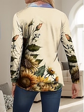 baratos Camiseta floral-Camiseta feminina moderna floral manga longa decote em V colarinho blusas regulares trabalho estampa preto rosa azul verde bege verão primavera outono