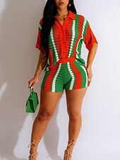 abordables Conjuntos de dos piezas-Mujer Vacaciones Moda Camisa Pantalones cortos de sudor Manga Corta Cuello Camisero Graphic Retazos Exterior Rojo Azul Piscina Naranja Verano Ajuste regular