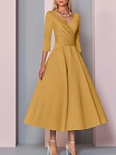 voordelige Vloerlengte-Strand Bruiloft A-Lijn Gouden Jurken Moeder van de Bruid Jurk Bruiloft Gast Elegante Vintage Plus Size V Hals Thee Lengte Satin 3/4 Lengte Mouw met Plissé dress to impress 2025 gratis op maat gemaakt
