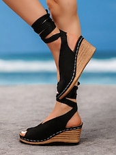 cheap Vacation Sandals-Women&#039;s Khaki Faux Suede Wedge Sandals with Peep-Toe and Wraparound Ankle Straps - Comfortable Summer Shoes for Casual and Beach Wear