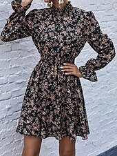 cheap Casual Floral Dresses-Women&#039;s Normal Midi Dress Chiffon Dress Elegant Vacation Date Regular Fit Floral Graphic Long Sleeve Stand Collar Navy Blue Spring Fall