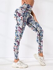 cheap Yoga Leggings &amp; Tights-Women&#039;s Yoga Pants Yoga Leggings High Waist Yoga Gym Workout Pilates Tights Floral Blue Fall Sports Activewear Stretchy Slim