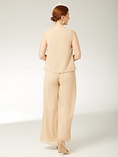 baratos Terninhos de calça da mamãe-Macacões 3 Peças Mãe da Noiva Elegante Plus Size Inclui Envoltório Gola Bateau Corte Longo Chiffon Sem Mangas com Renda 2025