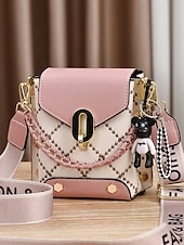 お買い得  クロスボディ・バッグ-クマのチャーム、チェーンストラップ、カラーブロックデザインが特徴の、女性用のトレンディなチェック柄ミニショルダーバッグ。カジュアルなお出かけや普段使いにぴったり。アースイエローブラック