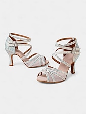 お買い得  ラテンダンスシューズ-クリスタルストラップ付き女性用メッシュラテンダンスシューズ - 社交ダンスやサルサに最適