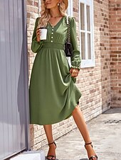 preiswerte Kleider für die Arbeit-Damen Midikleid Casual kleid A Linie Kleid Stilvoll Basic Brautkleider schlicht Urlaub Täglich Regular Fit Glatt Langarm V Ausschnitt Schwarz Armeegrün Sommer Frühling