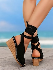 cheap Vacation Sandals-Women&#039;s Khaki Faux Suede Wedge Sandals with Peep-Toe and Wraparound Ankle Straps - Comfortable Summer Shoes for Casual and Beach Wear