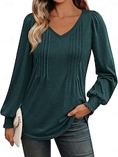 cheap Plain tee-Women&#039;s Shirt Blouse Solid Color Basic Casual Long Sleeve V Neck Regular Tops Daily Ruched Smocked Pink Blue Green Summer Spring