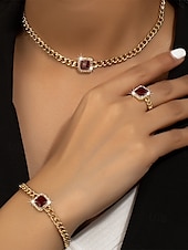 baratos Colar Feminino-conjunto de joias de corrente de ouro feminino com pedra preciosa quadrada vermelha – colar, pulseira e anel para casamentos, festas e ocasiões elegantes