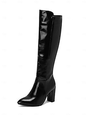 baratos Botas da moda-botas femininas pretas de couro envernizado até o joelho com saltos altos, design elegante para uso noturno moderno e ocasiões especiais