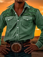 abordables camisas occidentales de los hombres-Hombre Tribal Impresión de pañuelo Camisa camisa occidental Manga Larga Camisa Cuello Vuelto Vintage Exterior Calle Casual Diario Rosa Rojo Azul S M L