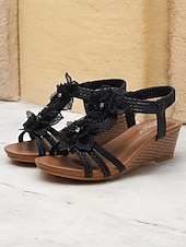 Women's Brown Bohemian-Style Woven Wedge Sandals with Floral Embellishments - Comfortable Summer Sandals for Beach and Casual Outings 17