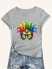 tanie koszulka sztuka i design-Mardi gras Damskie Podkoszulek Graficzny Codzienny Krótki rękaw Okrągły dekolt Zwykłe topy Codzienny Nadruk Czarny Biały Szary Lato