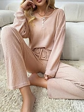 cheap Women's Sleep &amp; Lounge-Women's Pajamas Loungewear 2 Pieces Casual Pure Color Patchwork Buttons T Shirt Pant Home Long Sleeve U Neck Black Pink Light Grey Spring Fall Winter Tailored Fit