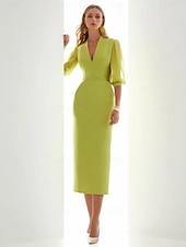 abordables Robes de cocktail-Robe Cocktail Fourreau  Col Mariage Plage Élégante Robe Formelle Mi-Longue Manches Mi-Longues Décolleté en V Poche Chiffon avec Fronces Robes