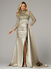 preiswerte GRÜN-Meerjungfrau Abendkleid Elegantes Kleid Formelle Sweep  Brush Train Lange Ärmel Hoher Hals Satin mit Perlen Pailletten