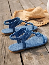 billiga Semester Sandaler-bruna flätade platta sandaler med t-rem för kvinnor med elastiskt ankelband - sommarskor i boho-stil för strand- och fritidskläder