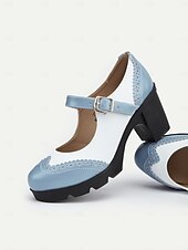 olcso Block Heels-női kék-fehér mary jane vaskos sarkú cipő brogue részletekkel, vintage stílusú kényelmes pumpák irodába, bulikba és mindennapi viseletre